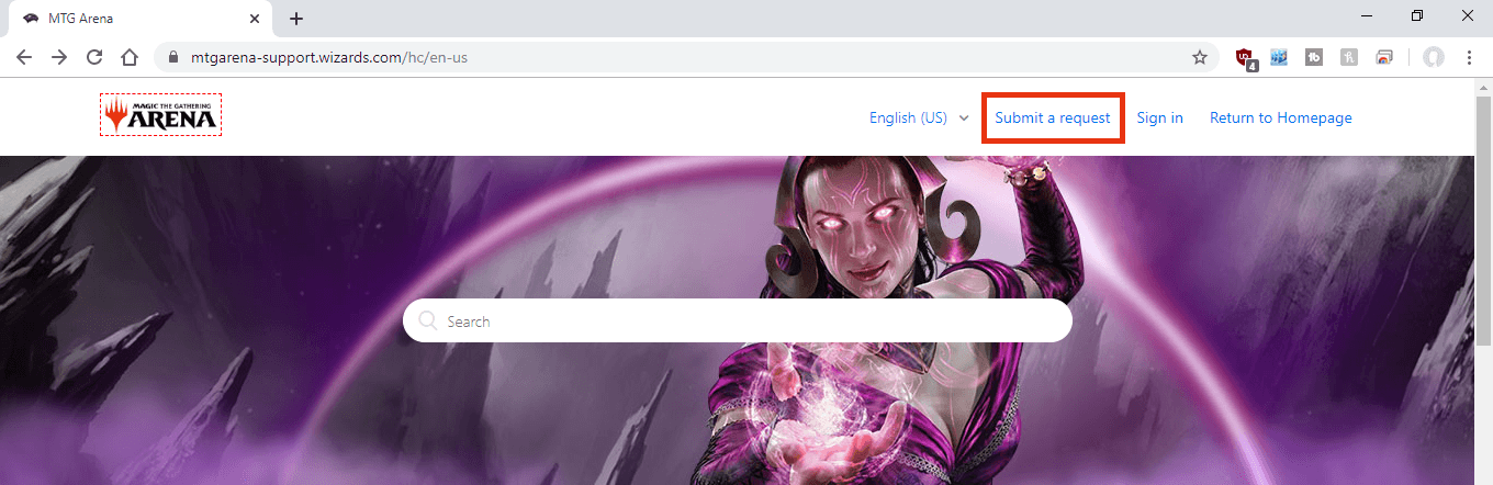 MTG Arena support website "Submit a Request" button