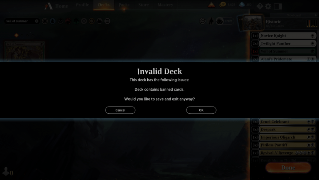MTG Arena Banned Cards in Deck Notice