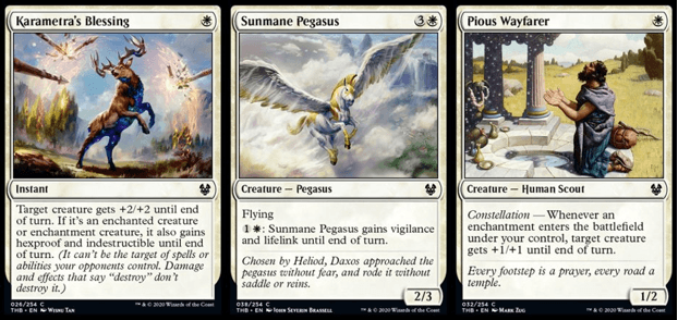 Karametra's Blessing, Sunmane Pegasus, and Pious Wayfarer MTG cards