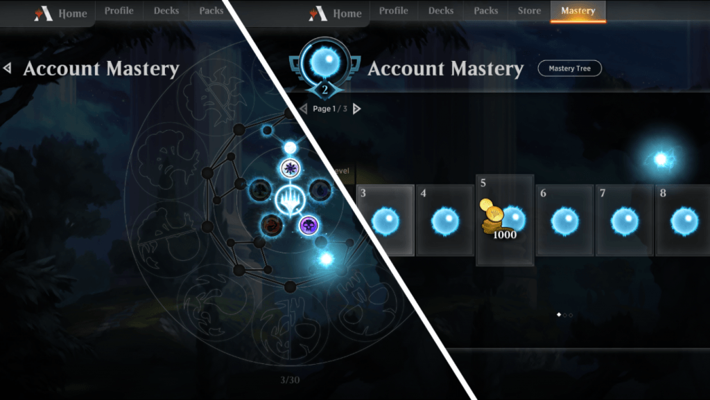 MTG Arena new player Account Mastery tree+levels