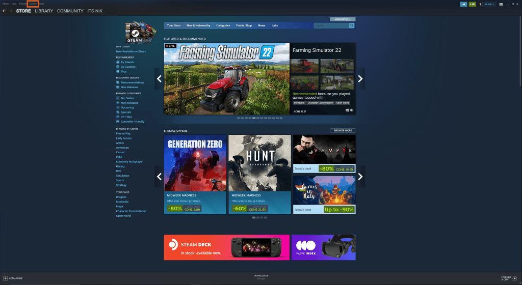 Steam Games menu button