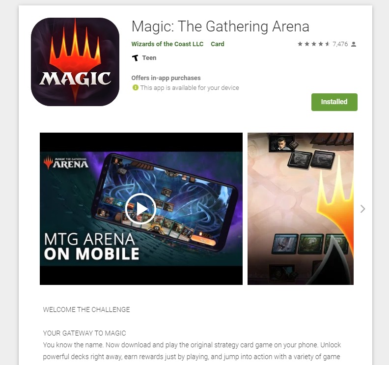 MTG Arena listing on the Google Play Store