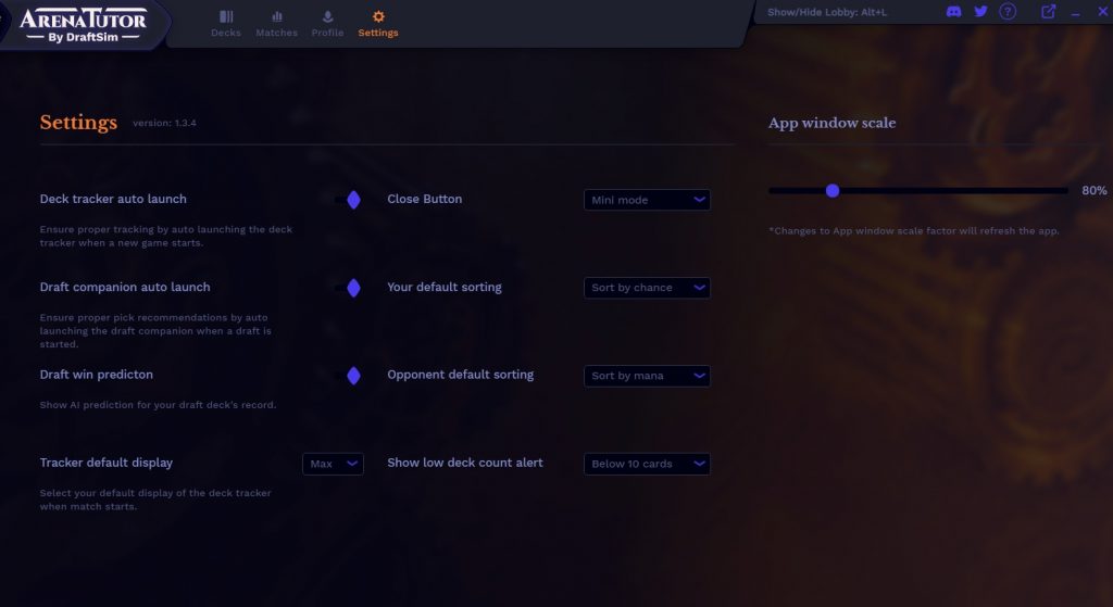 Arena Tutor new settings screen