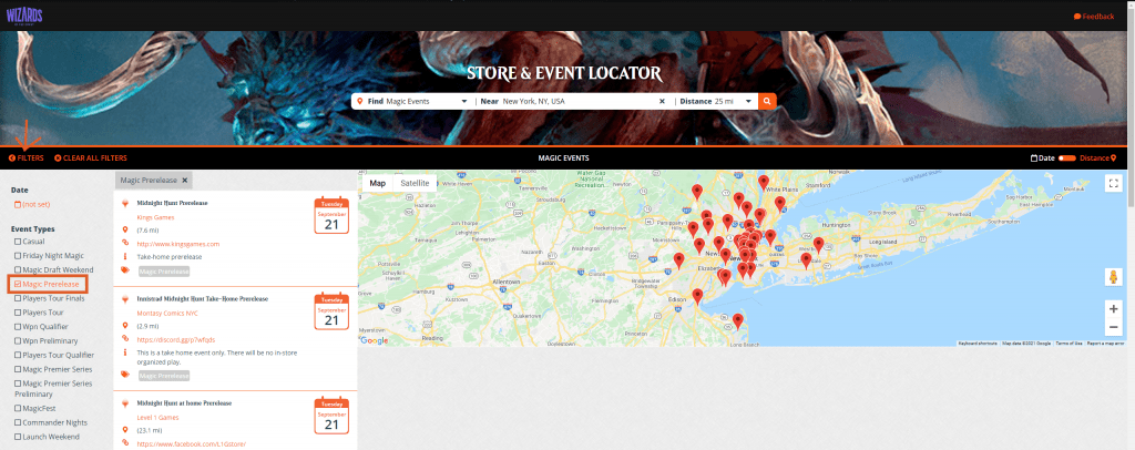 WotC Store & Event Locator Filters selection