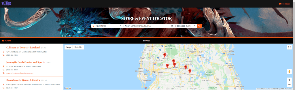 WotC Store & Event Locator central Florida search results