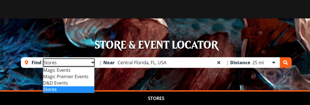 WotC Store & Event Locator search result Find dropdown