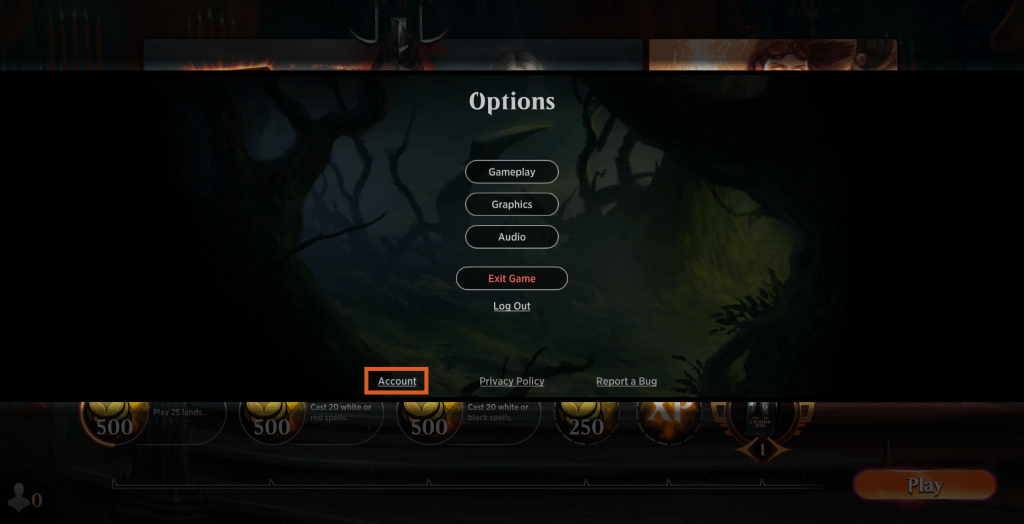 MTG Arena Account button in settings