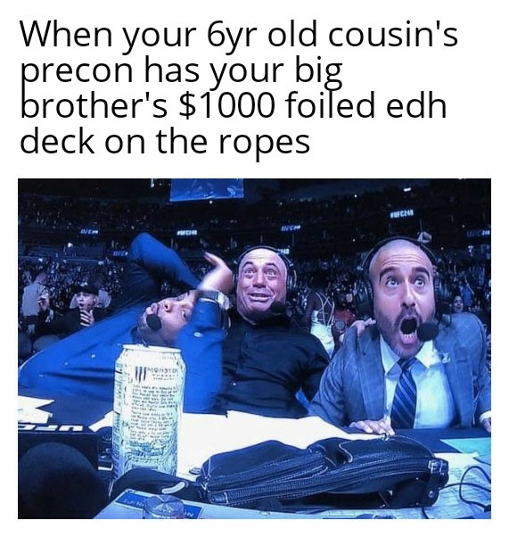 when your 6yr old cousin's precon has your big brother's $1k foiled edh deck on the ropes meme