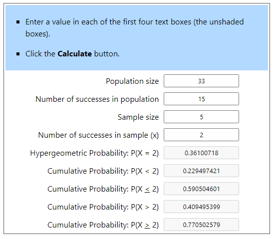 Stat Trek hypergeomtric calculator example