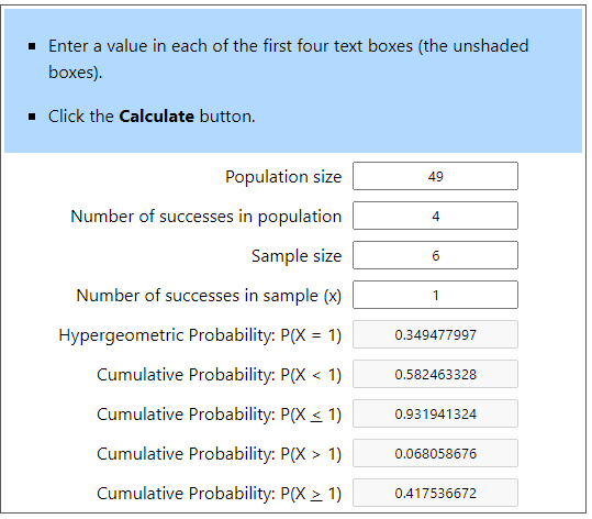 Stat Trek hypergeomtric calculator example