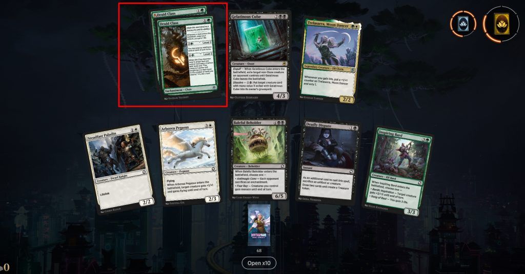 An MTG Arena pack that has two copies of druid class -- the regular version and the rebalanced version.