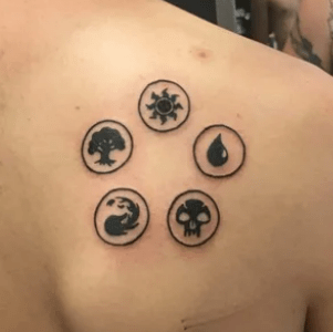 black-lined MTG mana symbols tattoo