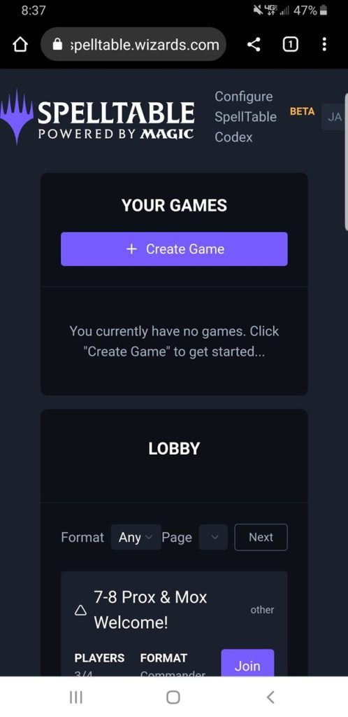 mobile SpellTable Create Game button