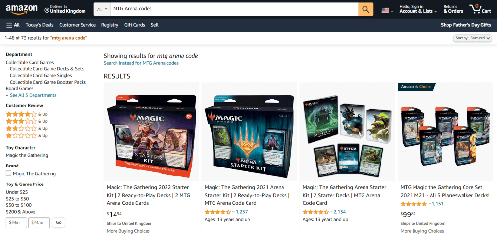 Amazon MTG Arena codes search