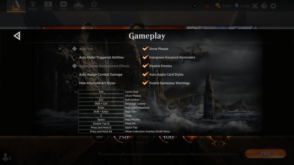 MTG Arena Gameplay menu