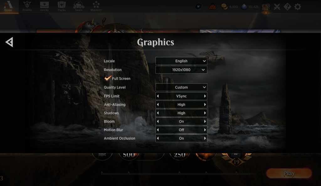 MTG Arena Graphics settings menu