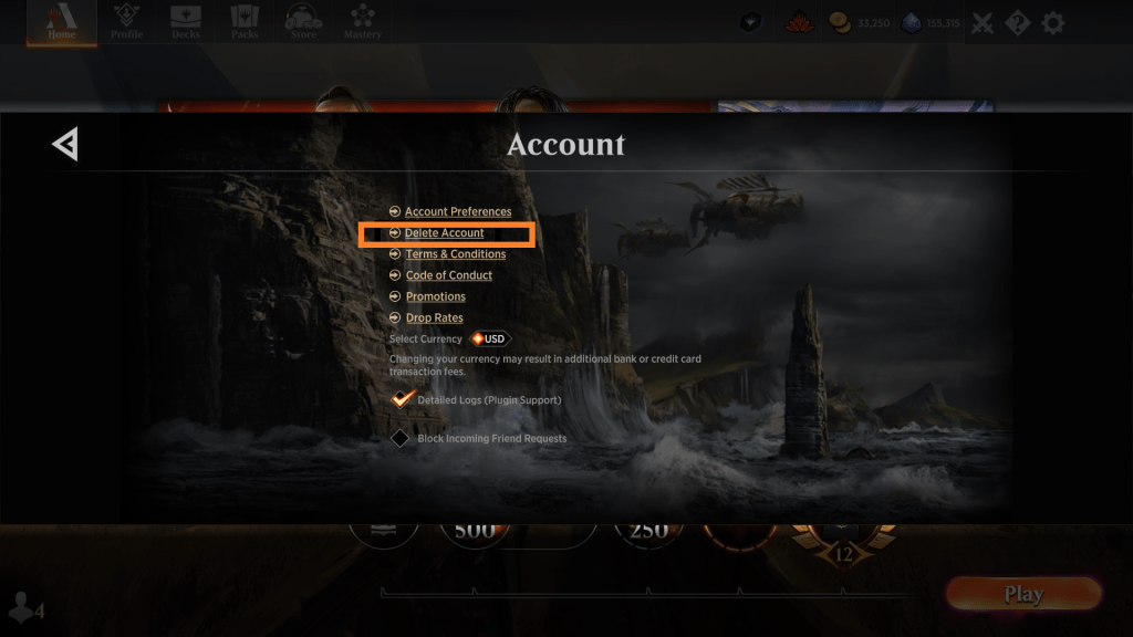 MTG Arena Delete Account button in Account settings