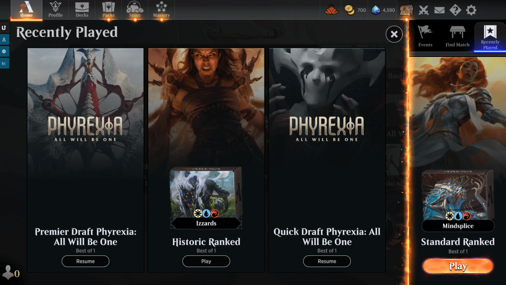 MTG Arena "Recently Played" screen