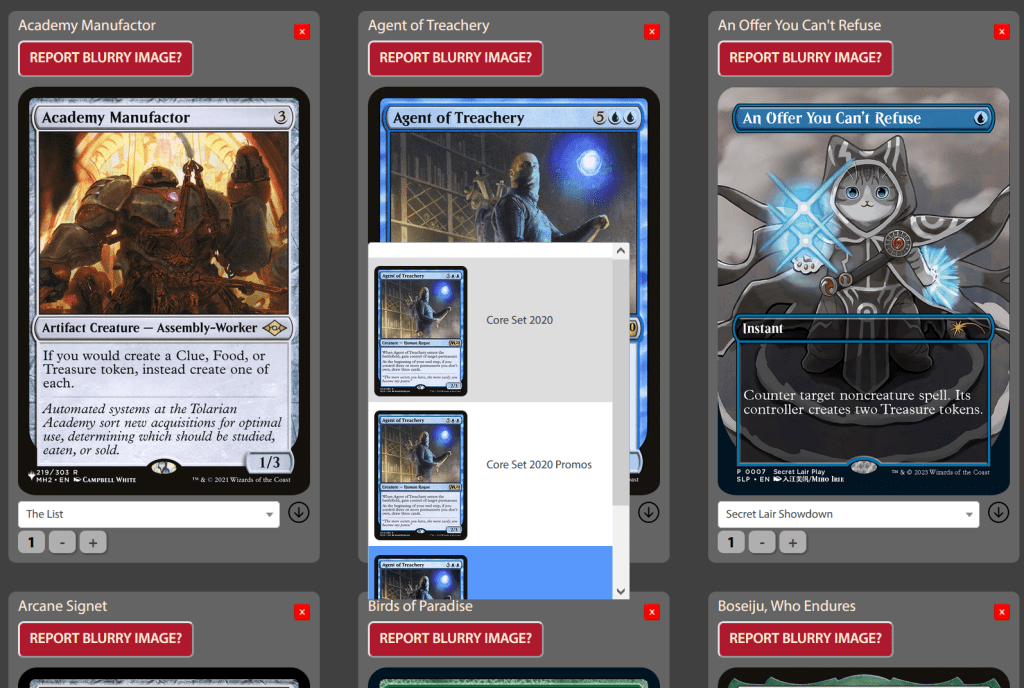 Card image selection from Printing Proxies