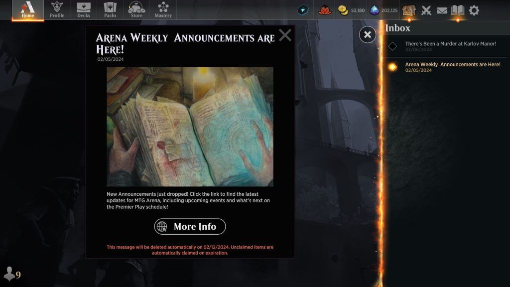 MTG Arena Weekly Announcements via inbox messages