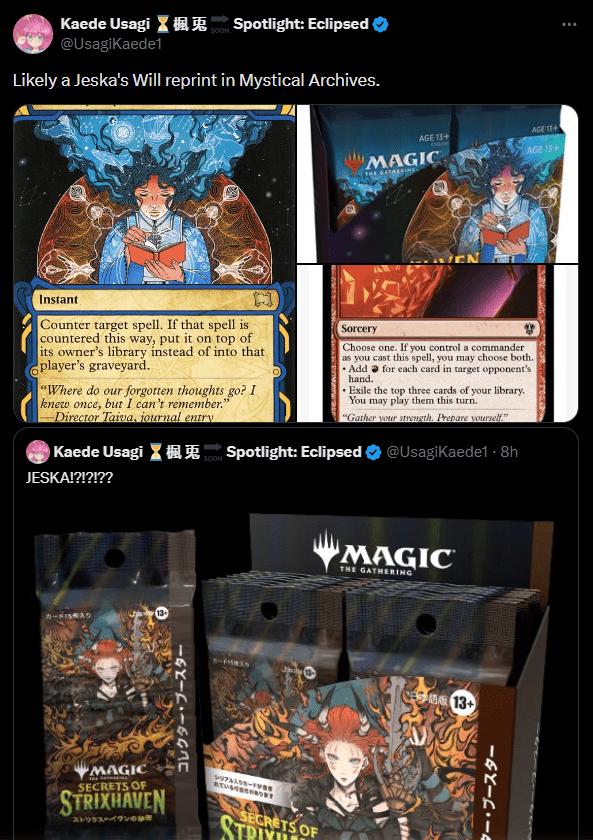 Tweets from Kaede Usagi comparing new Secrets of Strixhaven package art to package art from OG Strixhaven that imply a Jeska's Will reprint