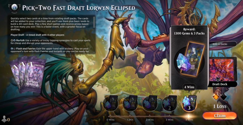 Pick Two Draft fast draft event with maximum wins on Arena