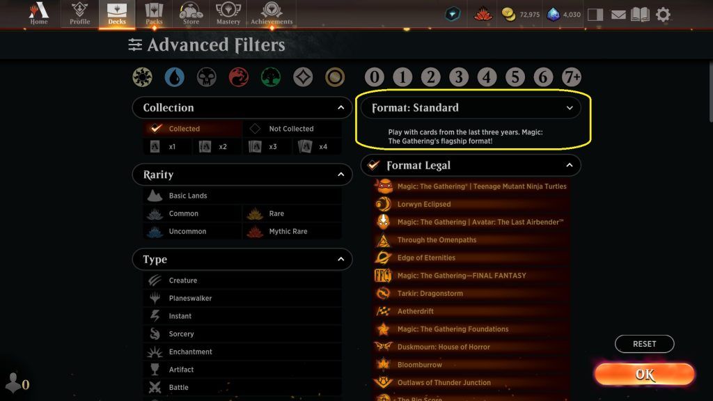 Arena Decks Standard Format sets selected