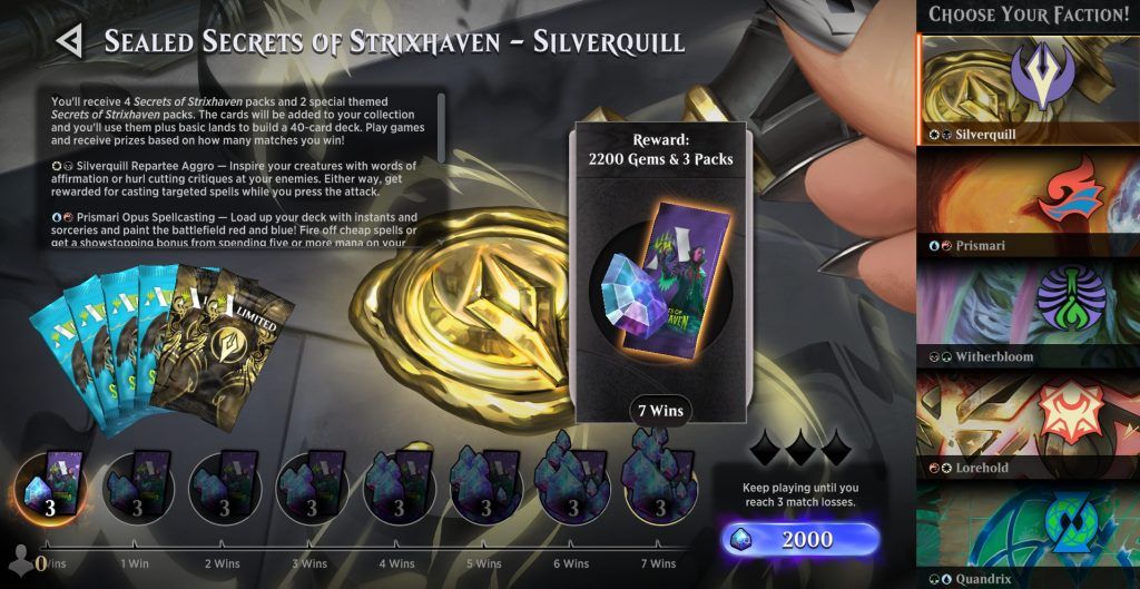 Secrets of Strixhaven Sealed lobby on Arena BO1 with faction select