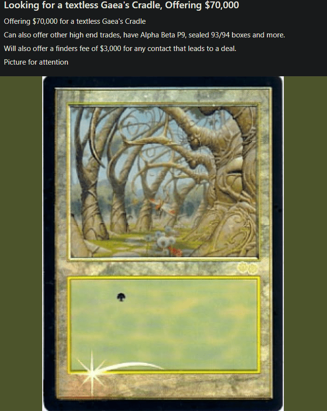 Facebook post seeking Textless Judge Promo Gaea's Cradle for $70,000